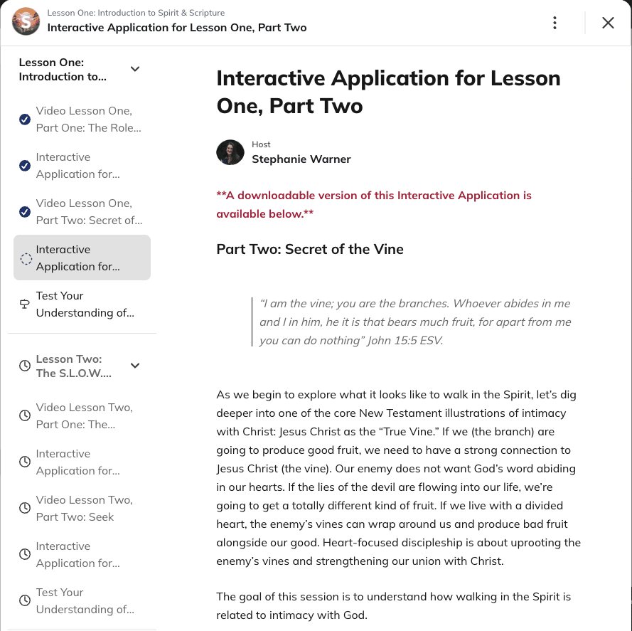 example of course materials in the Spirit & Scripture Course, specifically the worksheet from lesson one part two and the menu on the left sidebar